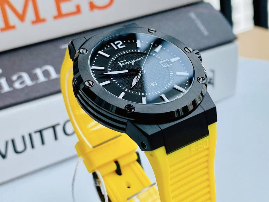 Salvatore Ferragamo F-80 Classic Black Dial Yellow Rubber Strap Watch for Men - SFHY01522