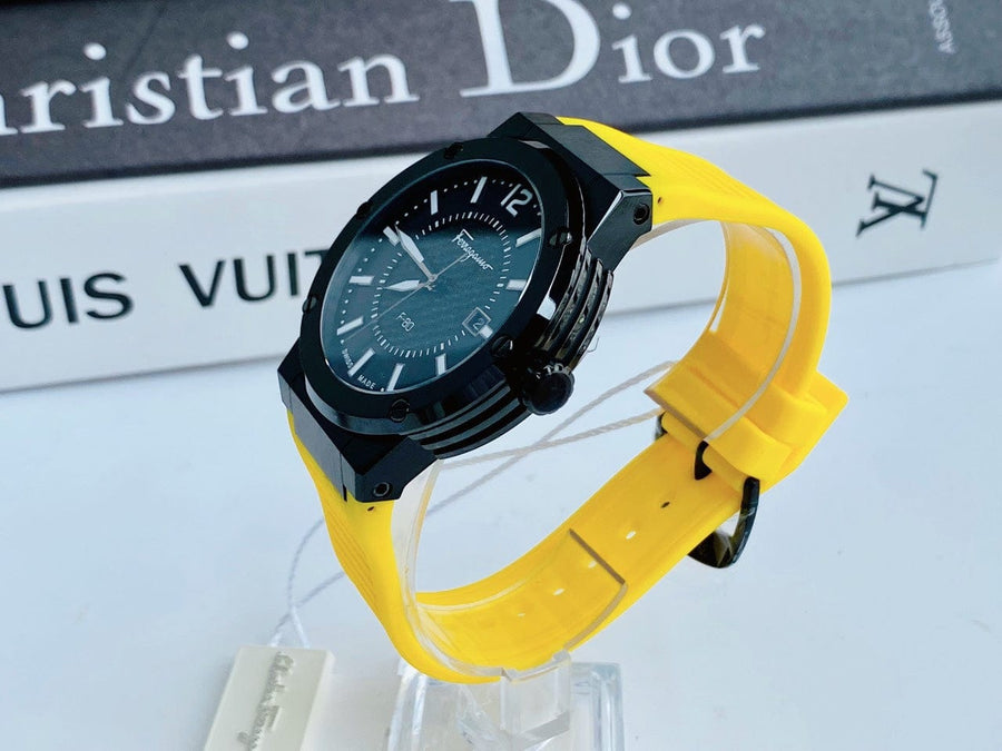 Salvatore Ferragamo F-80 Classic Black Dial Yellow Rubber Strap Watch for Men - SFHY01522