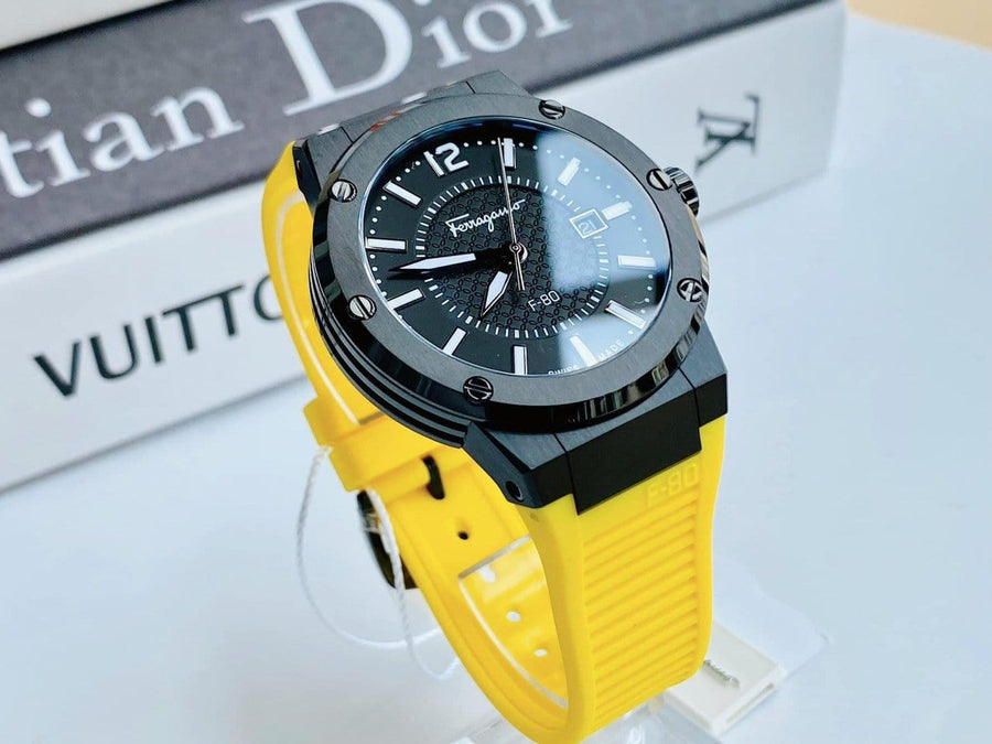 Salvatore Ferragamo F-80 Classic Black Dial Yellow Rubber Strap Watch for Men - SFHY01522
