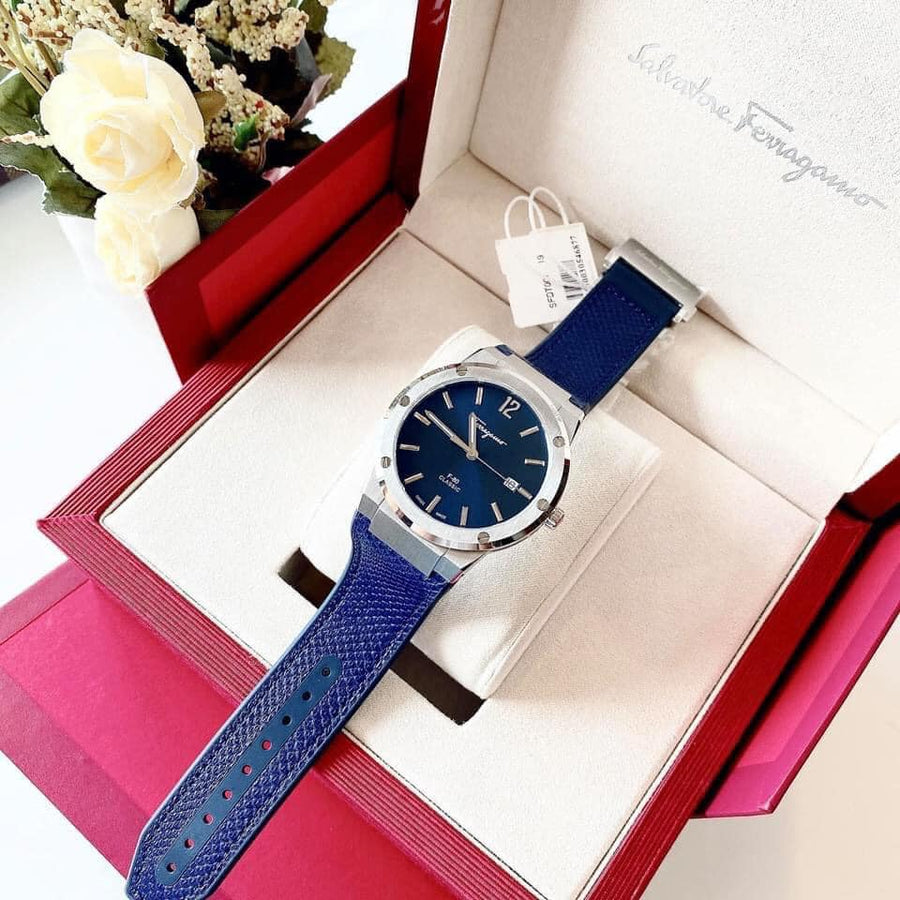 Salvatore Ferragamo F-80 Classic Blue Dial Blue Leather Strap Watch for Men - SFDT00719