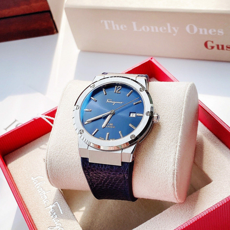 Salvatore Ferragamo F-80 Classic Blue Dial Blue Leather Strap Watch for Men - SFDT00719