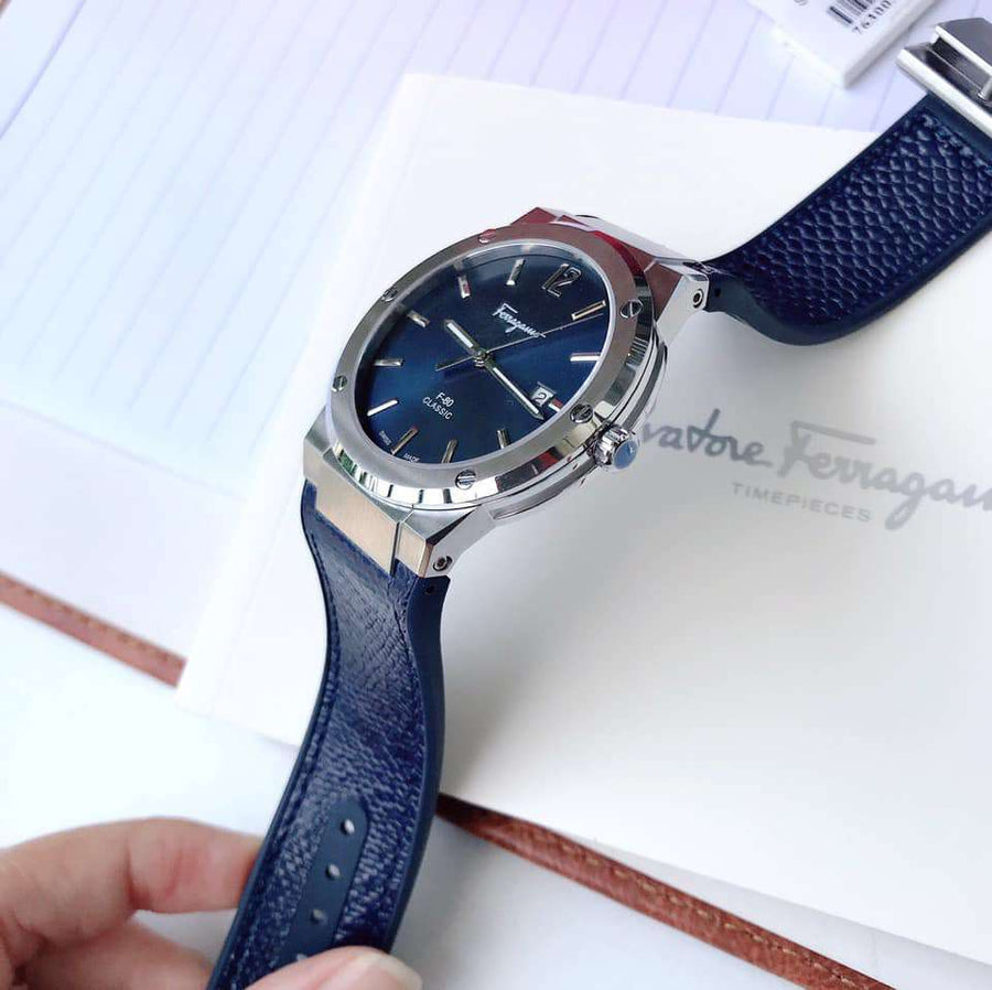 Salvatore Ferragamo F-80 Classic Blue Dial Blue Leather Strap Watch for Men - SFDT00719