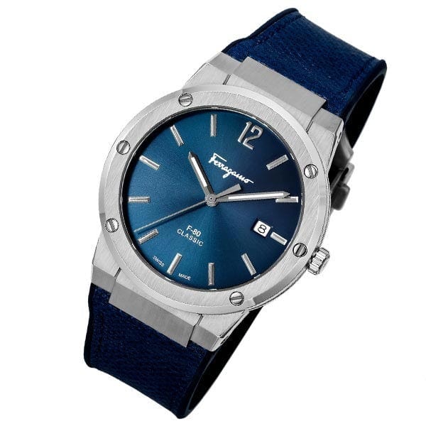Salvatore Ferragamo F-80 Classic Blue Dial Blue Leather Strap Watch for Men - SFDT00719