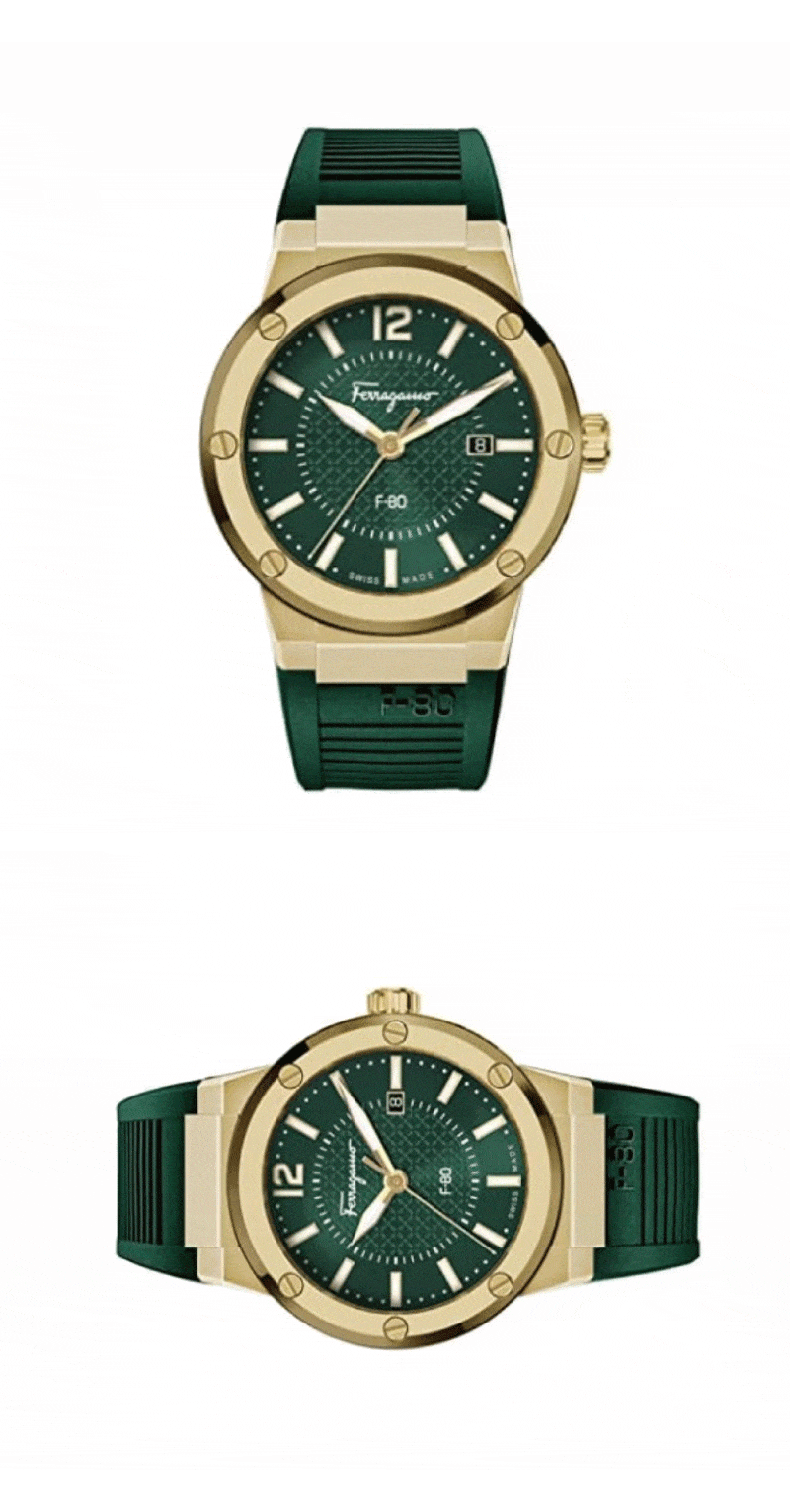 Salvatore Ferragamo F-80 Classic Green Dial Green Rubber Strap Watch for Men - SFHY02022