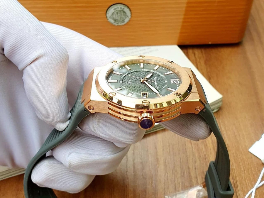 Salvatore Ferragamo F-80 Classic Green Dial Green Rubber Strap Watch for Men - SFHY02022