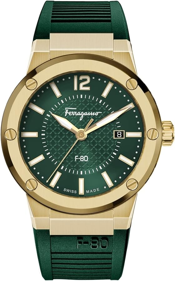 Salvatore Ferragamo F-80 Classic Green Dial Green Rubber Strap Watch for Men - SFHY02022