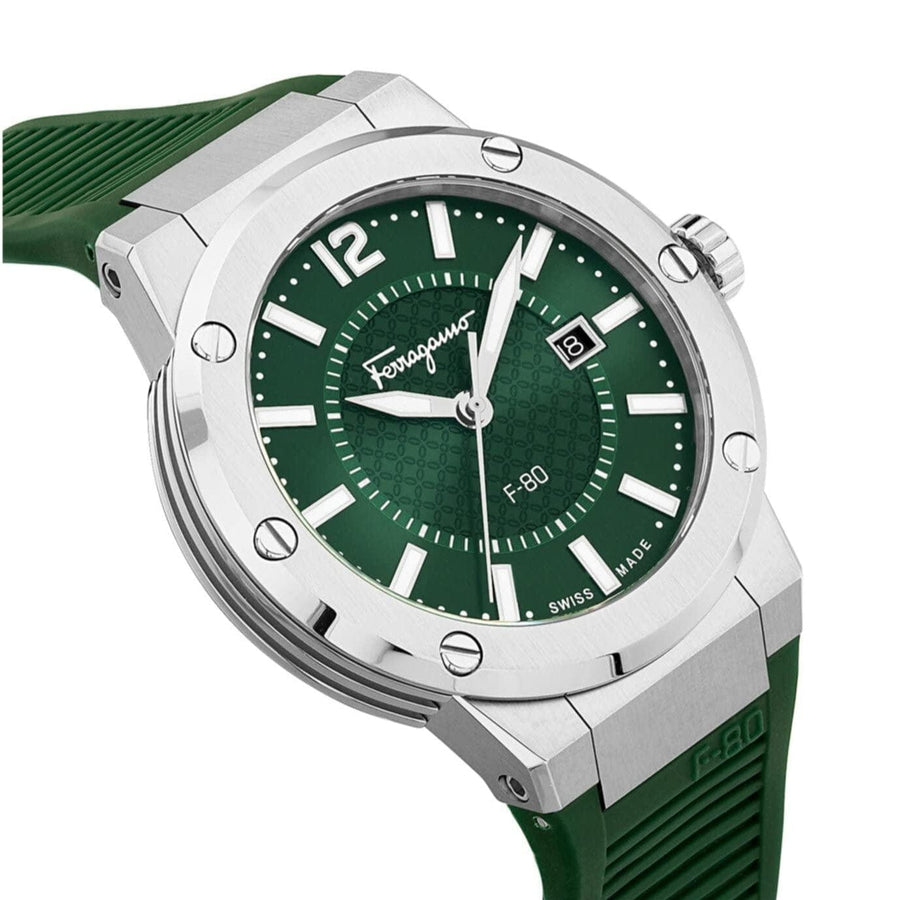 Salvatore Ferragamo F-80 Classic Green Dial Green Rubber Strap Watch for Men - SFHY02722