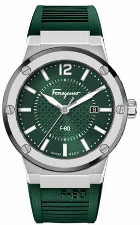 Salvatore Ferragamo F-80 Classic Green Dial Green Rubber Strap Watch for Men - SFHY02722