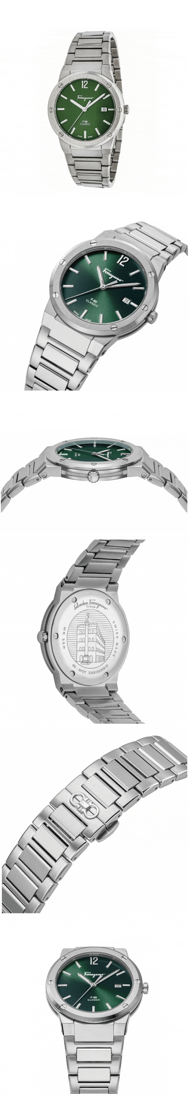 Salvatore Ferragamo F-80 Classic Green Dial Silver Steel Strap Watch for Men - SFDT02123
