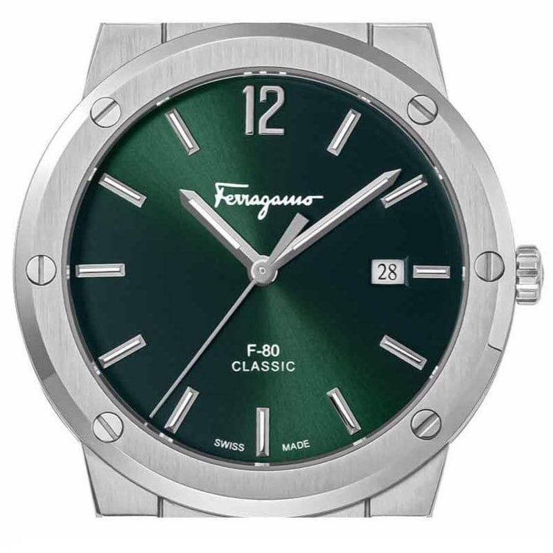 Salvatore Ferragamo F-80 Classic Green Dial Silver Steel Strap Watch for Men - SFDT02123