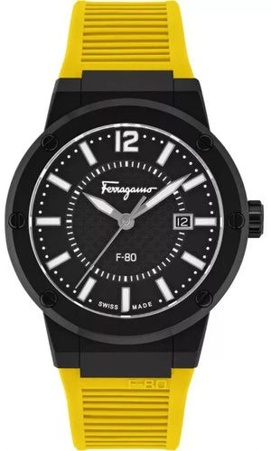 Salvatore Ferragamo F-80 Quartz Black Dial Yellow Rubber Strap Watch for Men - SFHY01522