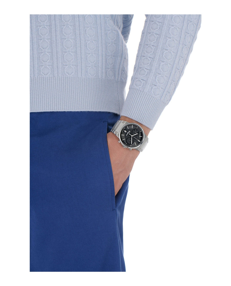 Salvatore Ferragamo Sapphire Chrono Black Dial Silver Steel Strap Watch for Men - SFME00321