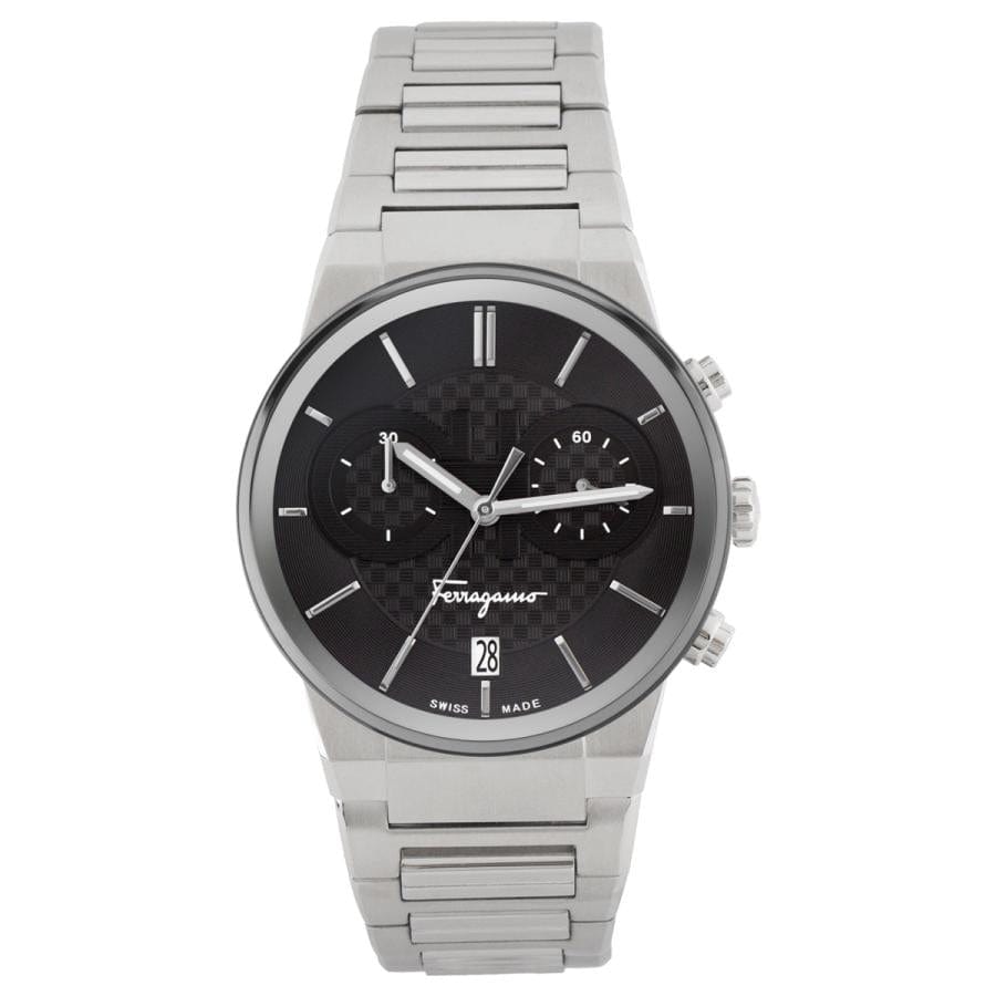 Salvatore Ferragamo Sapphire Chrono Black Dial Silver Steel Strap Watch for Men - SFME00321