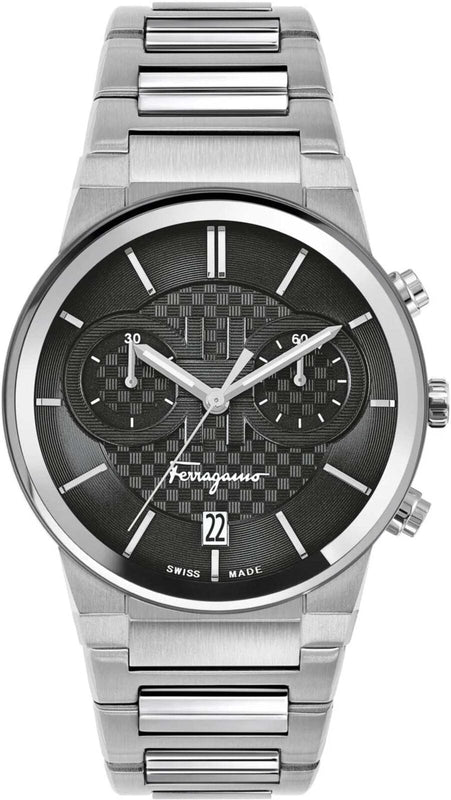 Salvatore Ferragamo Sapphire Chrono Black Dial Silver Steel Strap Watch for Men - SFME00321