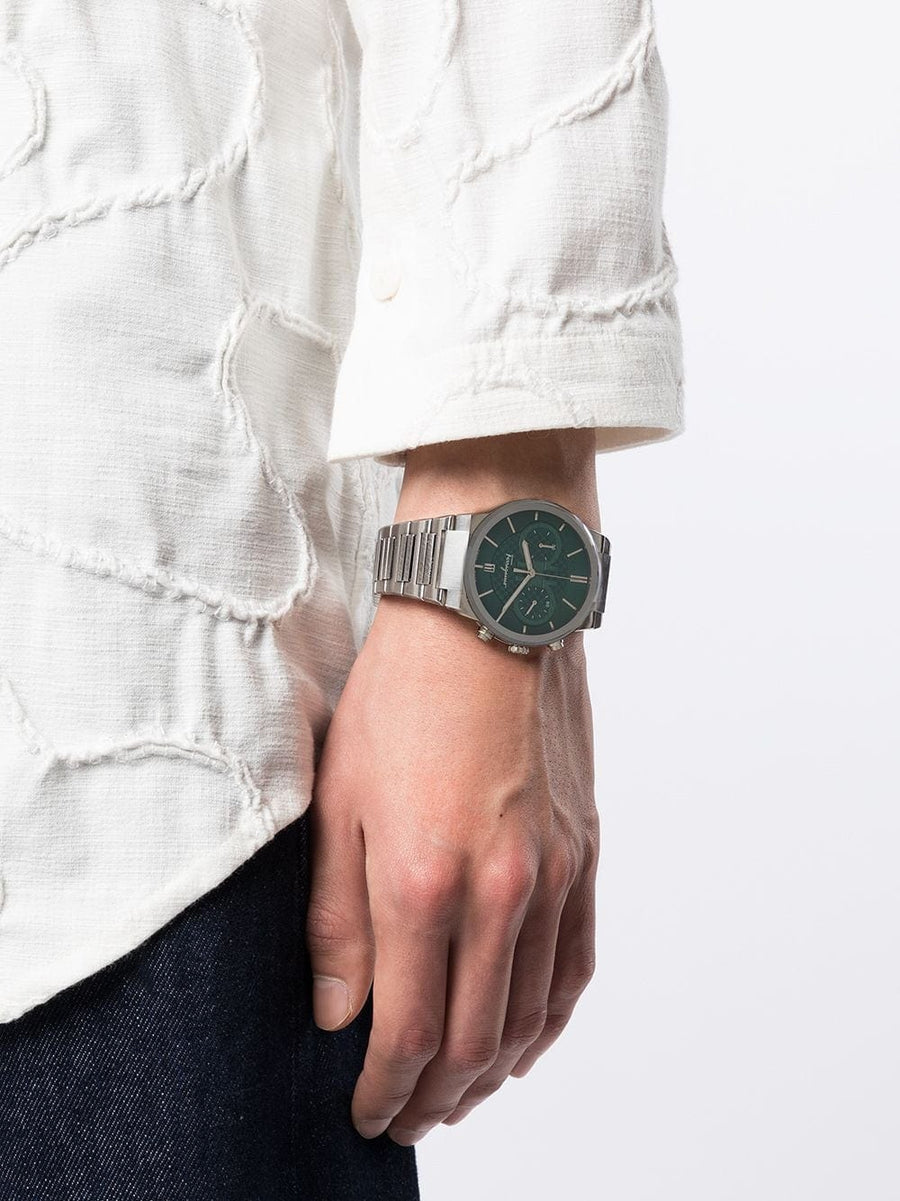 Salvatore Ferragamo Sapphire Chrono Green Dial Silver Steel Strap Watch for Men - SFME00421