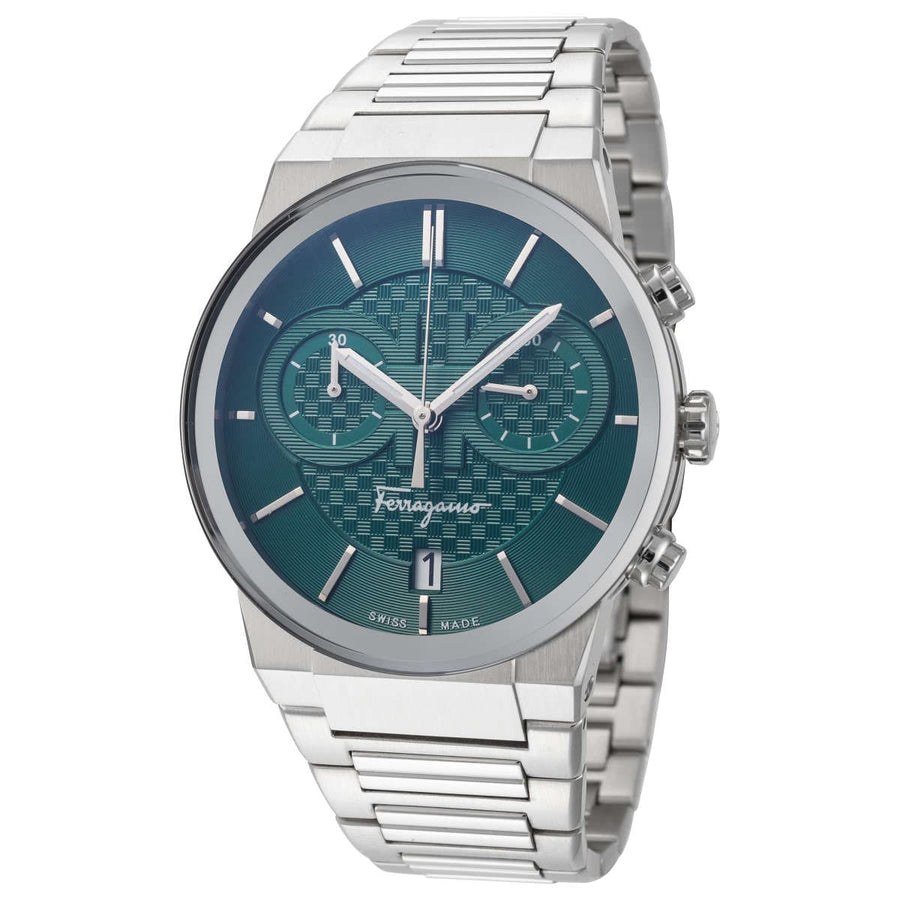 Salvatore Ferragamo Sapphire Chrono Green Dial Silver Steel Strap Watch for Men - SFME00421