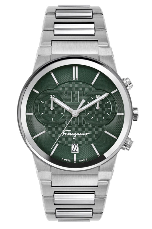 Salvatore Ferragamo Sapphire Chrono Green Dial Silver Steel Strap Watch for Men - SFME00421