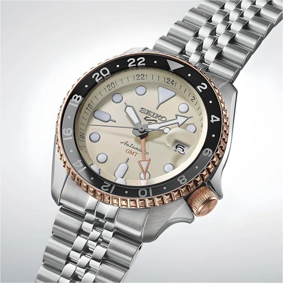 Seiko 5 GMT Sport Asia Exclusive Limited Edition Off White Dial Silver Steel Strap Watch for Men - SSK046K1