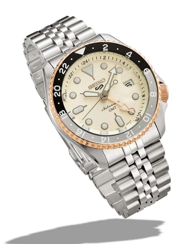 Seiko 5 GMT Sport Asia Exclusive Limited Edition Off White Dial Silver Steel Strap Watch for Men - SSK046K1
