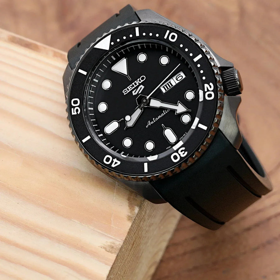 Seiko 5 Sport Automatic Black Dial Black Silicone Strap Watch For Men - SRPD65K3