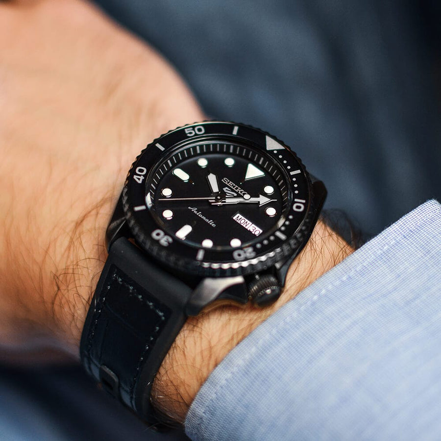 Seiko 5 Sport Automatic Black Dial Black Silicone Strap Watch For Men - SRPD65K3