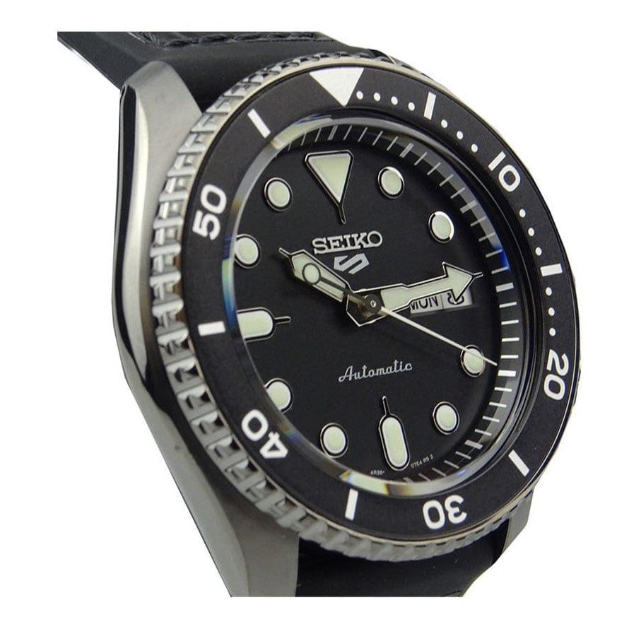 Seiko 5 Sport Automatic Black Dial Black Silicone Strap Watch For Men - SRPD65K3