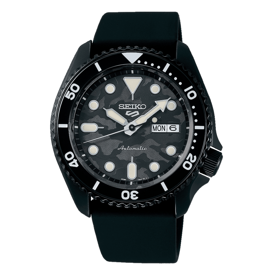 Seiko 5 Sport Automatic Black Dial Black Silicone Strap Watch For Men - SRPD65K3
