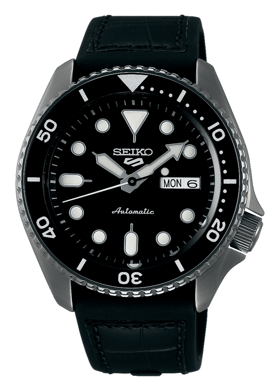 Seiko 5 Sport Automatic Black Dial Black Silicone Strap Watch For Men - SRPD65K3