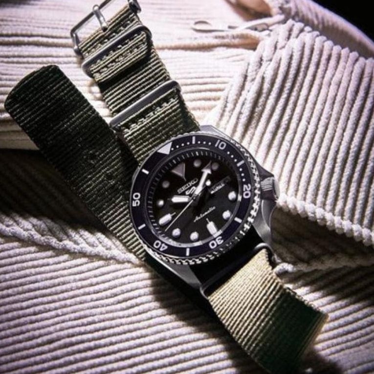 Seiko 5 Sport Automatic Black Dial Green Nylon Strap Watch For Men - SRPD65K4