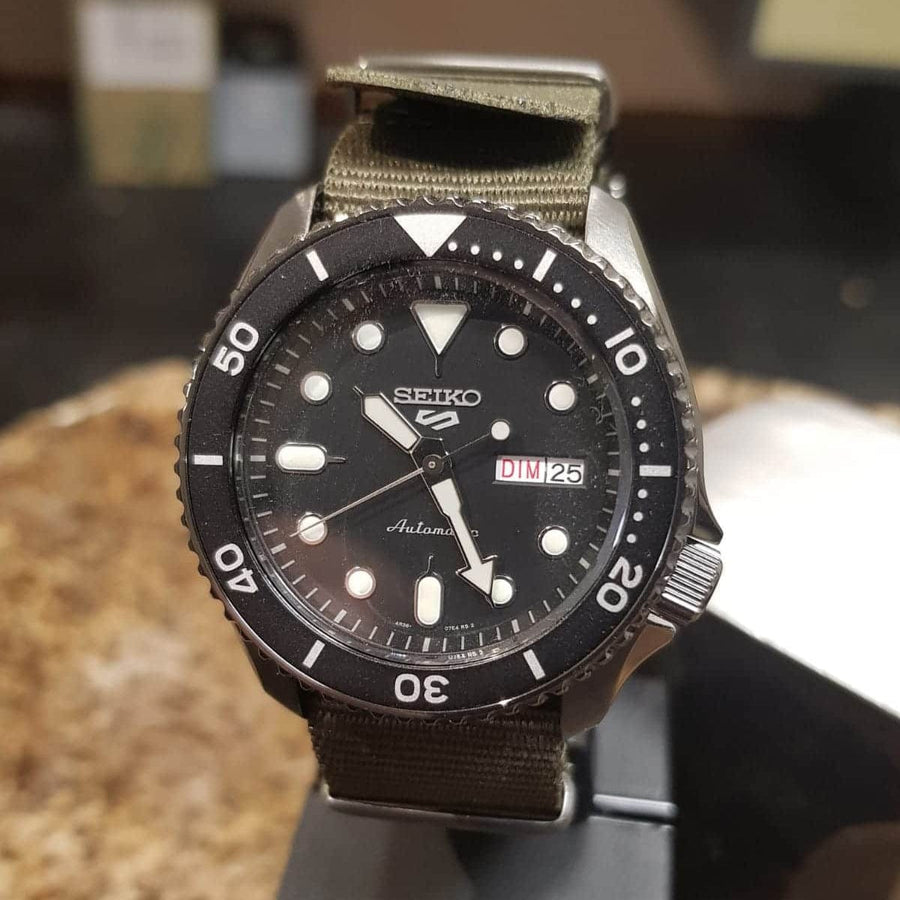 Seiko 5 Sport Automatic Black Dial Green Nylon Strap Watch For Men - SRPD65K4
