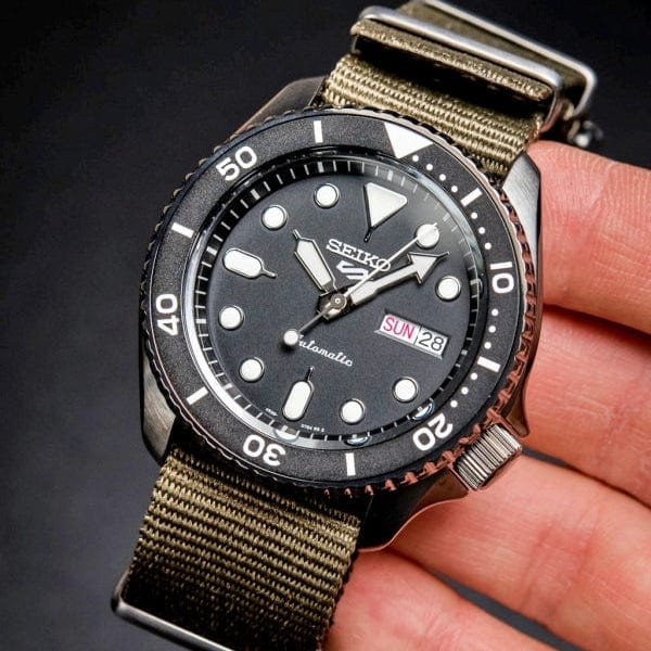 Seiko 5 Sport Automatic Black Dial Green Nylon Strap Watch For Men - SRPD65K4