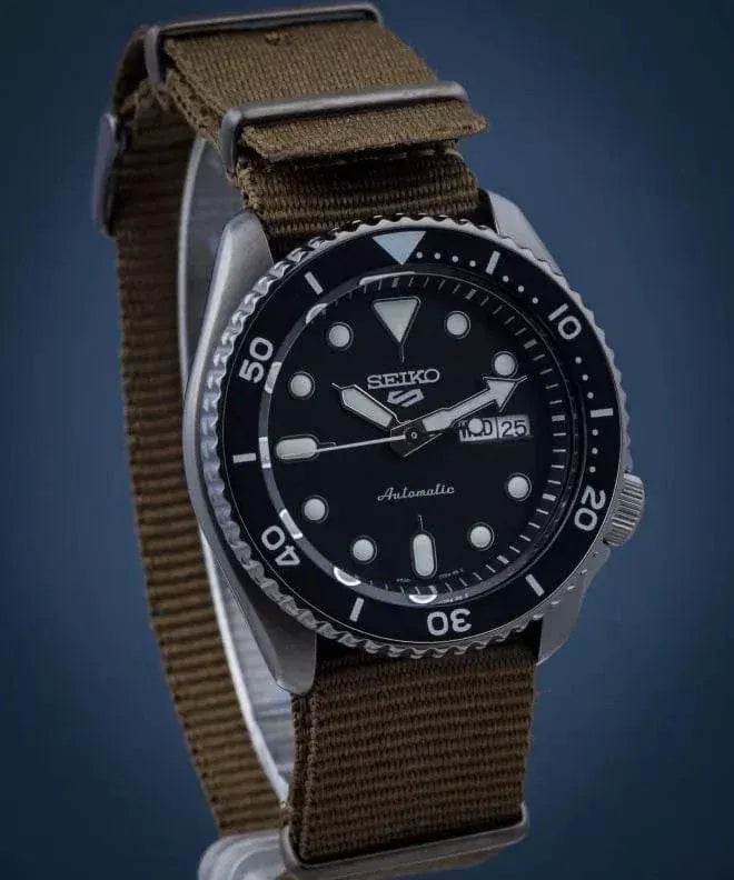 Seiko 5 Sport Automatic Black Dial Green Nylon Strap Watch For Men - SRPD65K4
