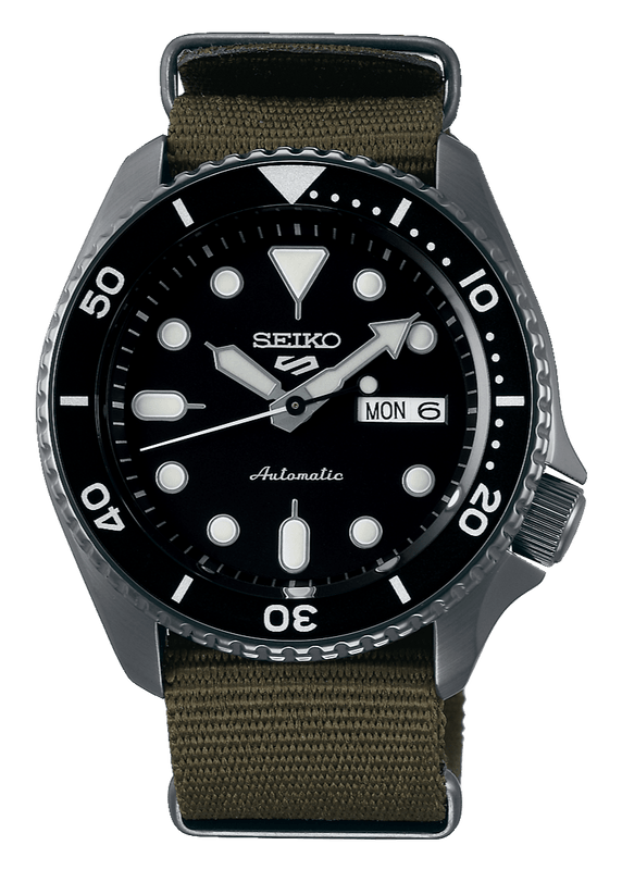Seiko 5 Sport Automatic Black Dial Green Nylon Strap Watch For Men - SRPD65K4
