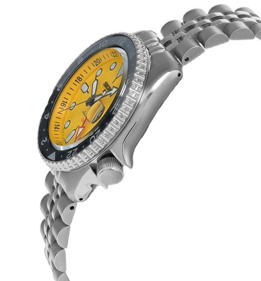 Seiko 5 Sport SKX GMT US Special Creation Automatic Yellow Dial Silver Steel Strap Watch for Men - SSK017K1