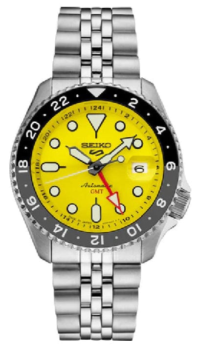 Seiko 5 Sport SKX GMT US Special Creation Automatic Yellow Dial Silver Steel Strap Watch for Men - SSK017K1