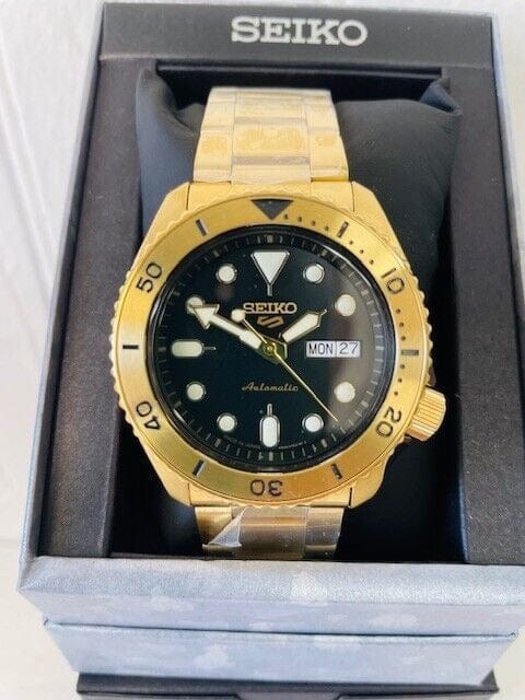 Seiko 5 Sports Automatic Black Dial Gold Steel Strap Watch For Men - SRPK18