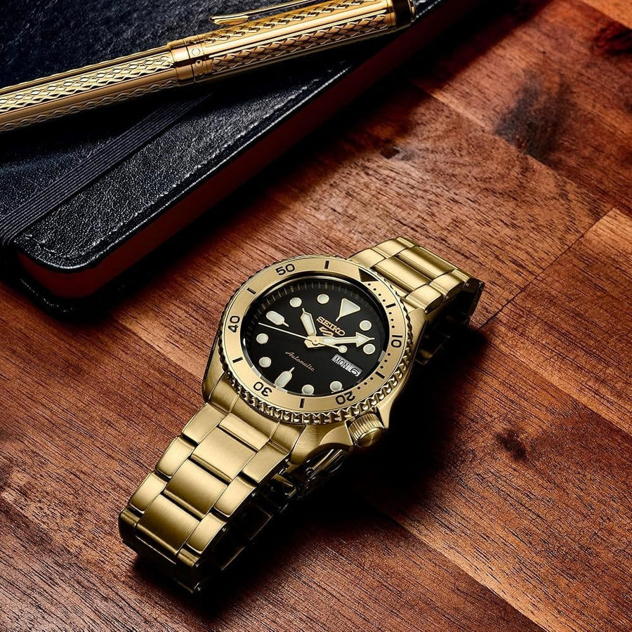 Seiko 5 Sports Automatic Black Dial Gold Steel Strap Watch For Men - SRPK18