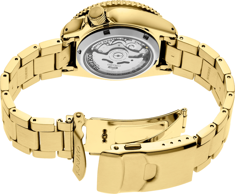 Seiko 5 Sports Automatic Black Dial Gold Steel Strap Watch For Men - SRPK18