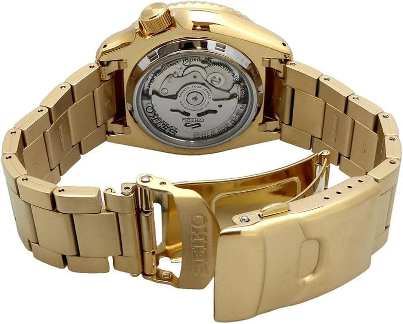 Seiko 5 Sports Automatic Black Dial Gold Steel Strap Watch For Men - SRPK18