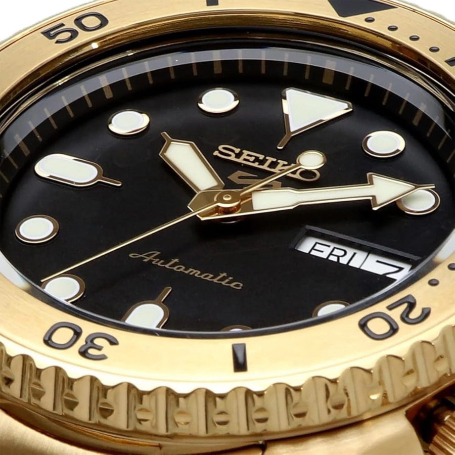 Seiko 5 Sports Automatic Black Dial Gold Steel Strap Watch For Men - SRPK18