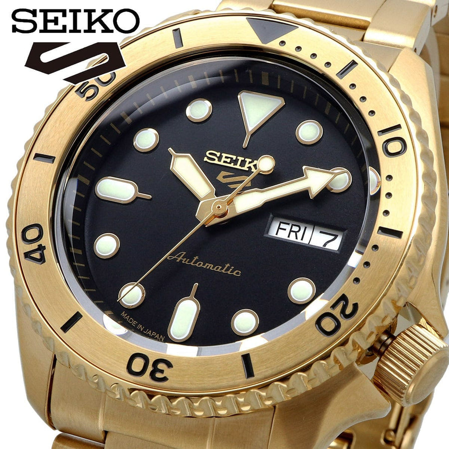 Seiko 5 Sports Automatic Black Dial Gold Steel Strap Watch For Men - SRPK18