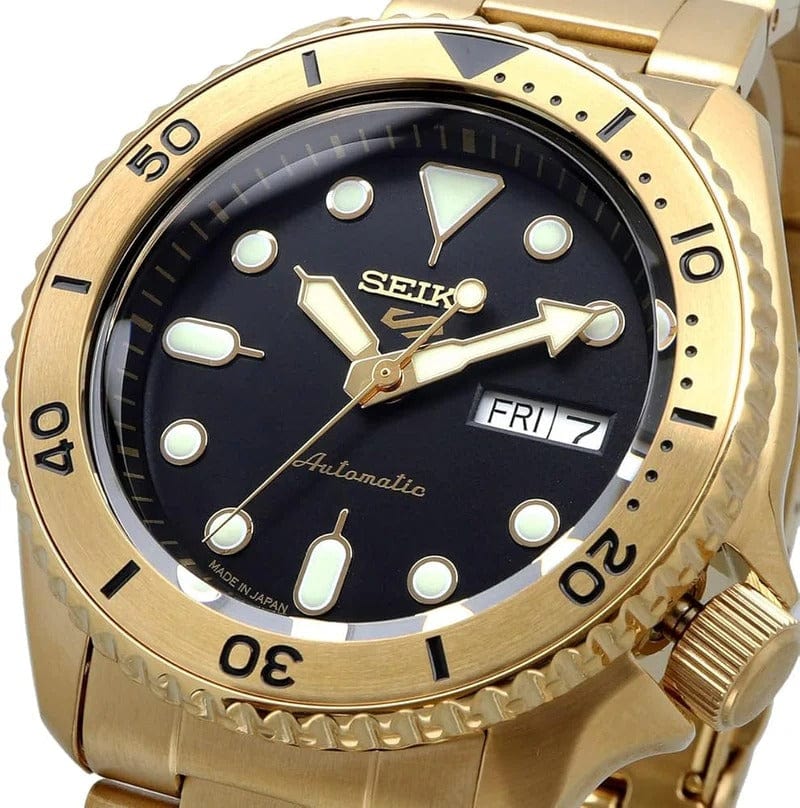 Seiko 5 Sports Automatic Black Dial Gold Steel Strap Watch For Men - SRPK18