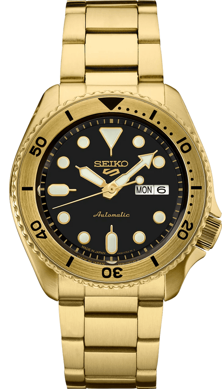 Seiko 5 Sports Automatic Black Dial Gold Steel Strap Watch For Men - SRPK18