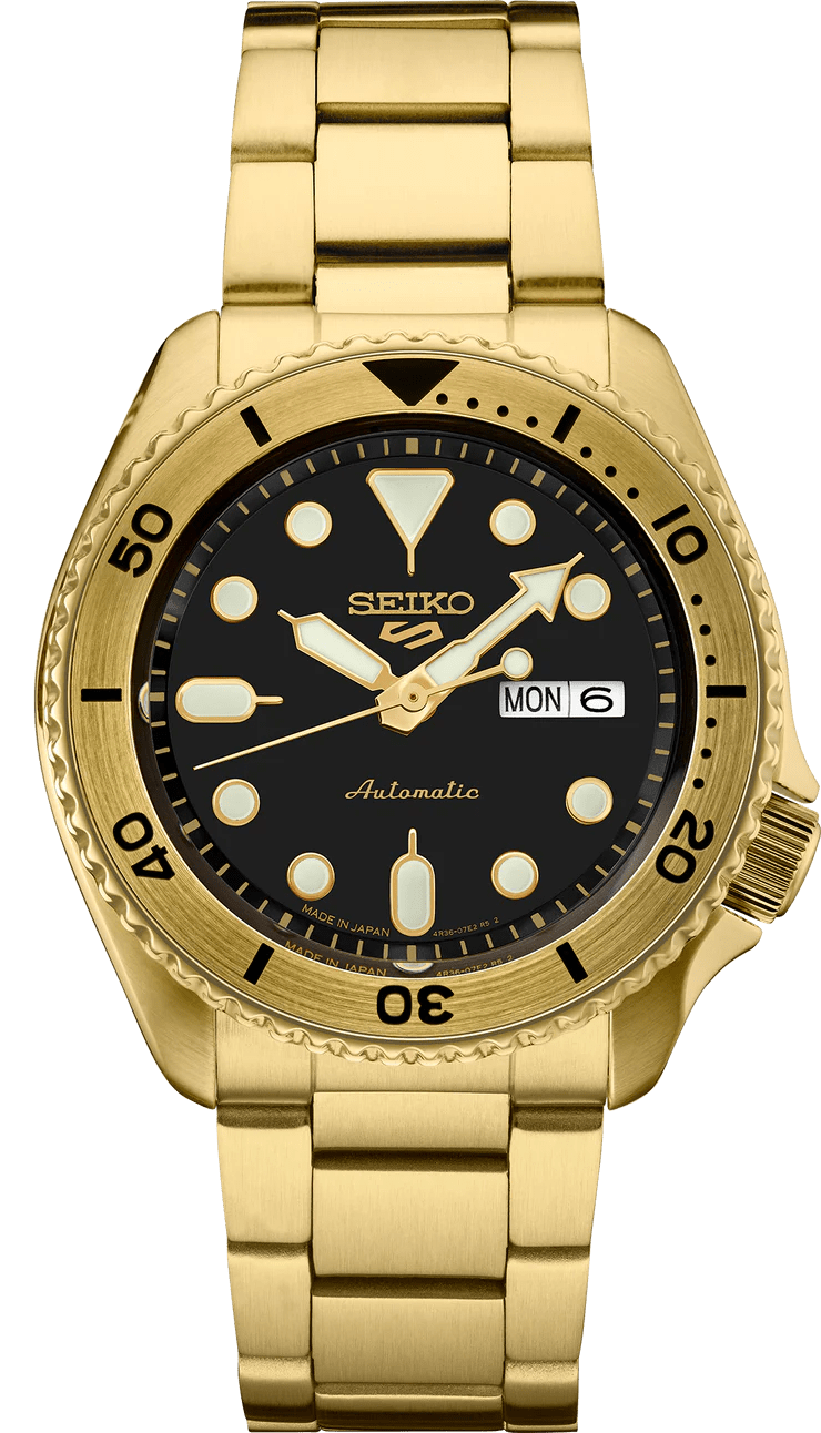 Seiko 5 Sports Automatic Black Dial Gold Steel Strap Watch For Men - SRPK18