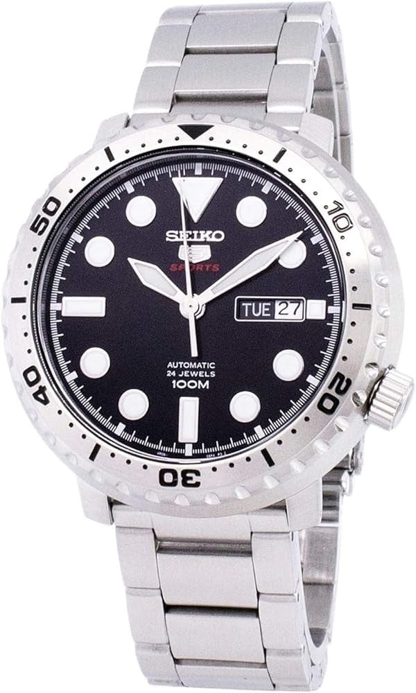 Seiko 5 Sports Automatic Black Dial Silver Steel Strap Watch for Men - SRPC61J1