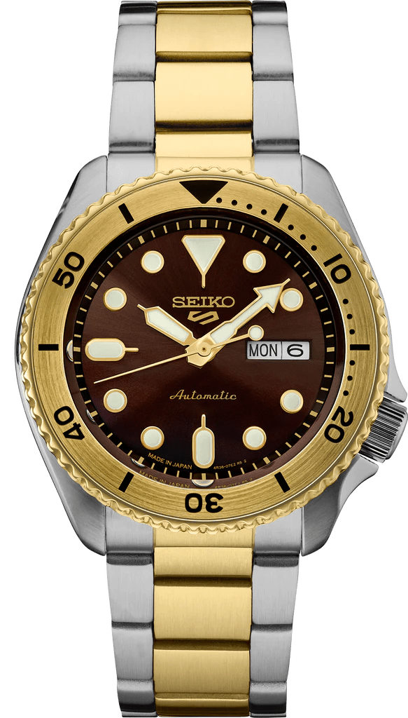 Seiko 5 Sports Automatic Brown Dial Two Tone Steel Strap Watch For Men - SRPK24