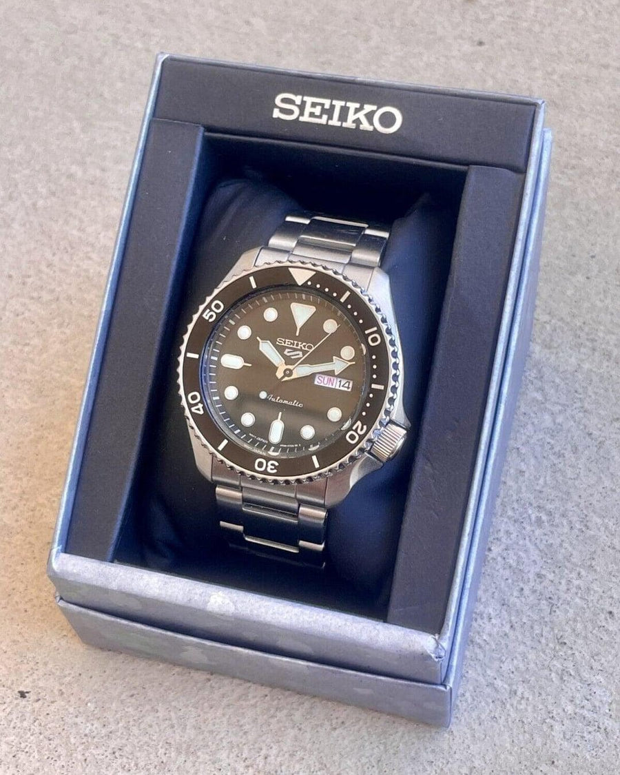 Seiko 5 Sports Automatic Day Date Black Dial Silver Steel Strap Watch for Men - SRPD55K1