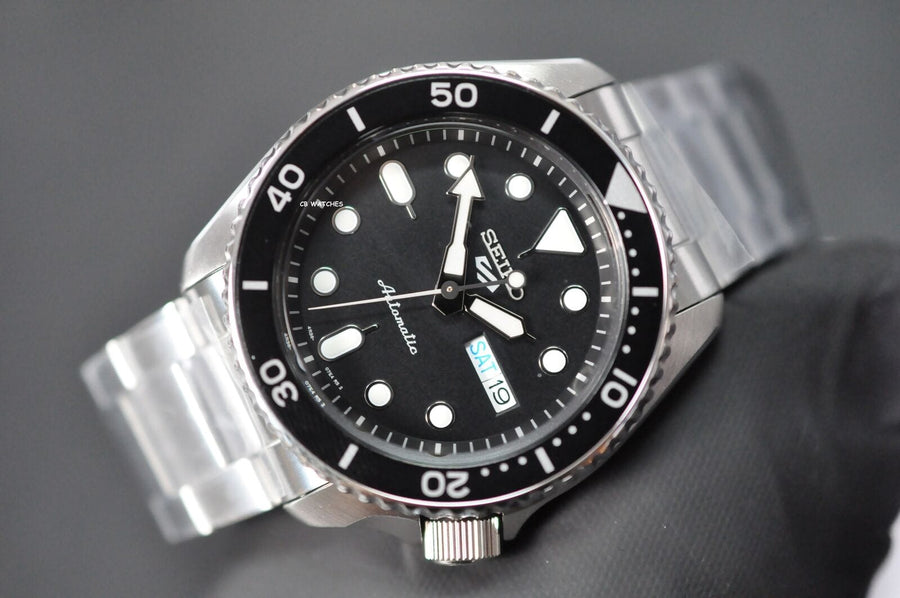 Seiko 5 Sports Automatic Day Date Black Dial Silver Steel Strap Watch for Men - SRPD55K1