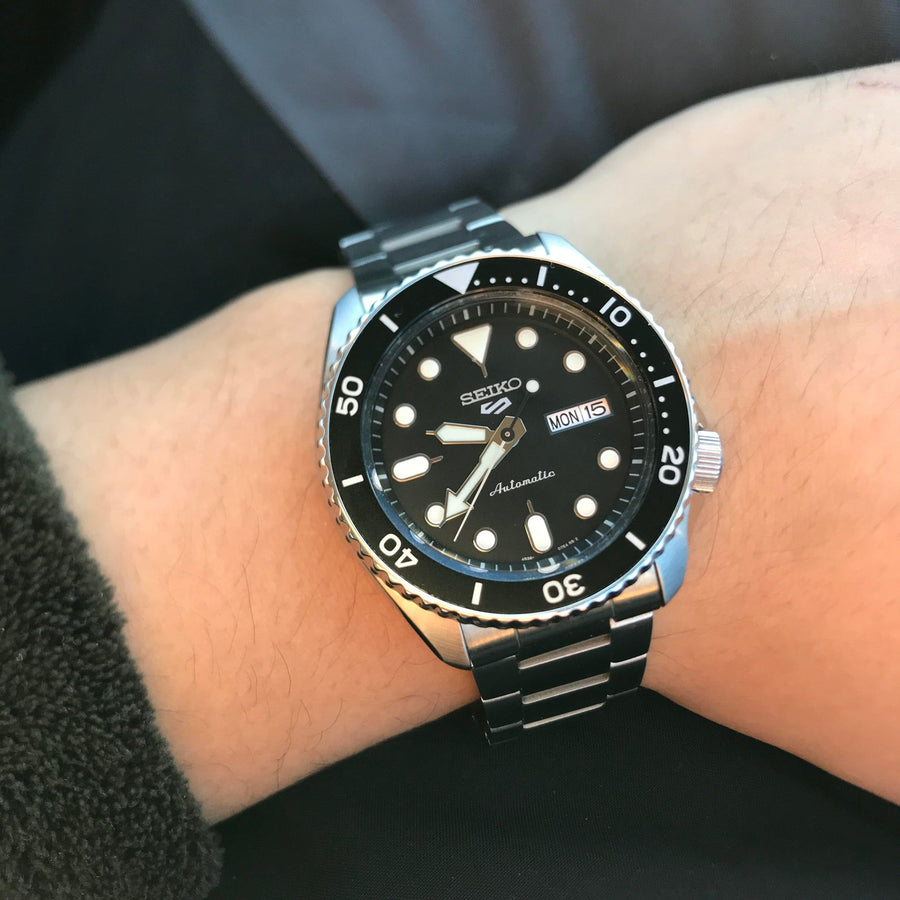 Seiko 5 Sports Automatic Day Date Black Dial Silver Steel Strap Watch for Men - SRPD55K1