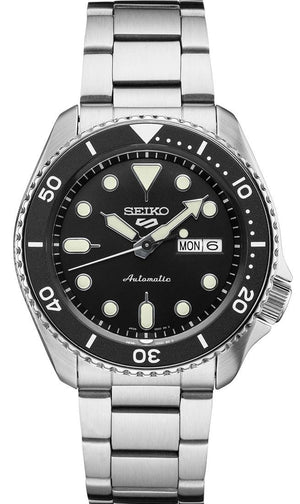 Seiko 5 Sports Automatic Day Date Black Dial Silver Steel Strap Watch for Men - SRPD55K1